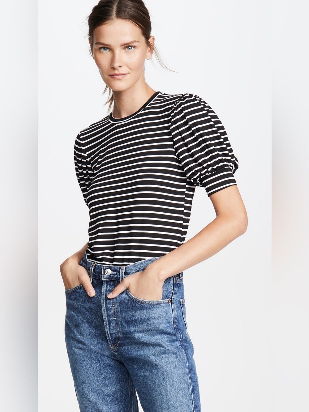 Frame Striped Balloon Sleeve T-Shirt